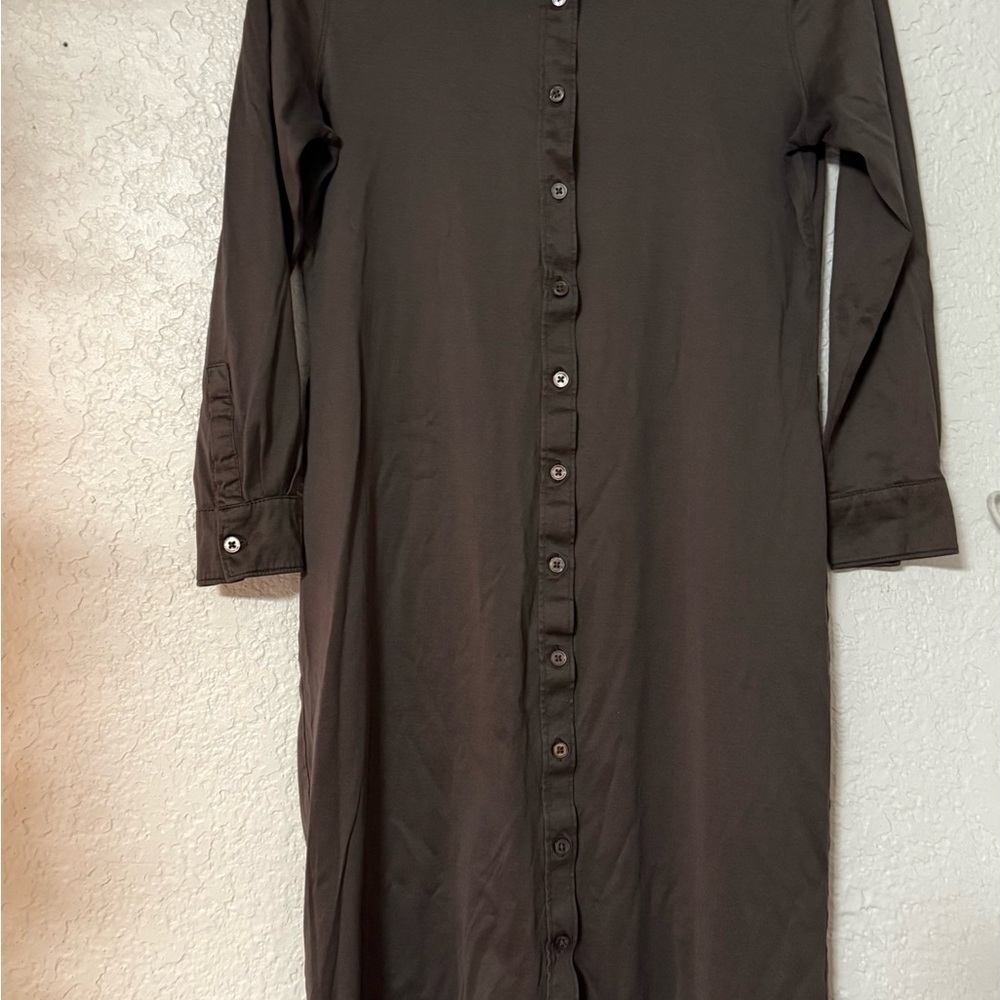 Calvin Klein Long Sleeve Cotton Button-Down Shirt Dress - Espresso Brown - Picture 4 of 12